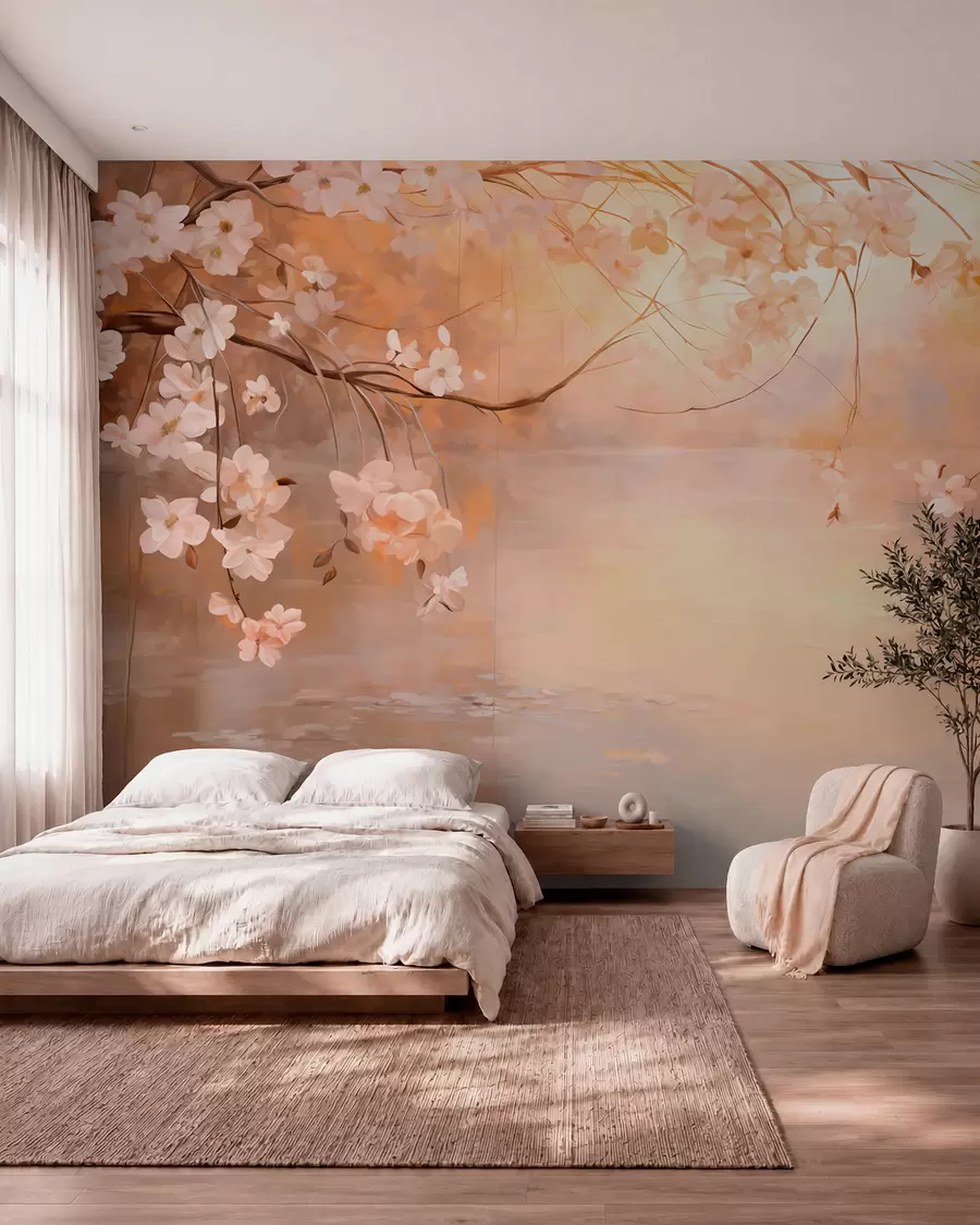 Fototapete Abstrakte Landschaft Kunst mit Blüte Zweig und weißen Blumen hängen über einem See, weiche Pastellfarben w09046