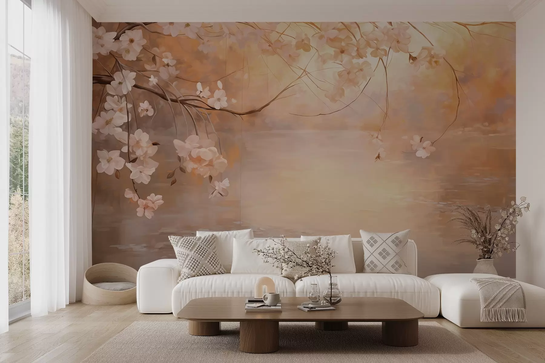 Fototapete Abstrakte Landschaft Kunst mit Blüte Zweig und weißen Blumen hängen über einem See, weiche Pastellfarben w09046