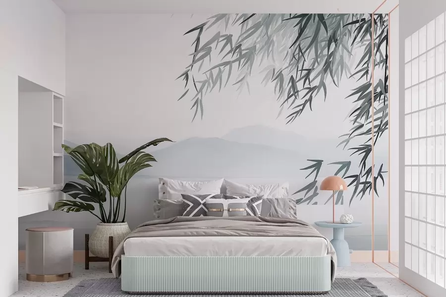 Fototapete Bambusblätter, die über einem See mit Bergen im Hintergrund hängen, weiche blaue und weiße Töne, Tuschestil w09048
