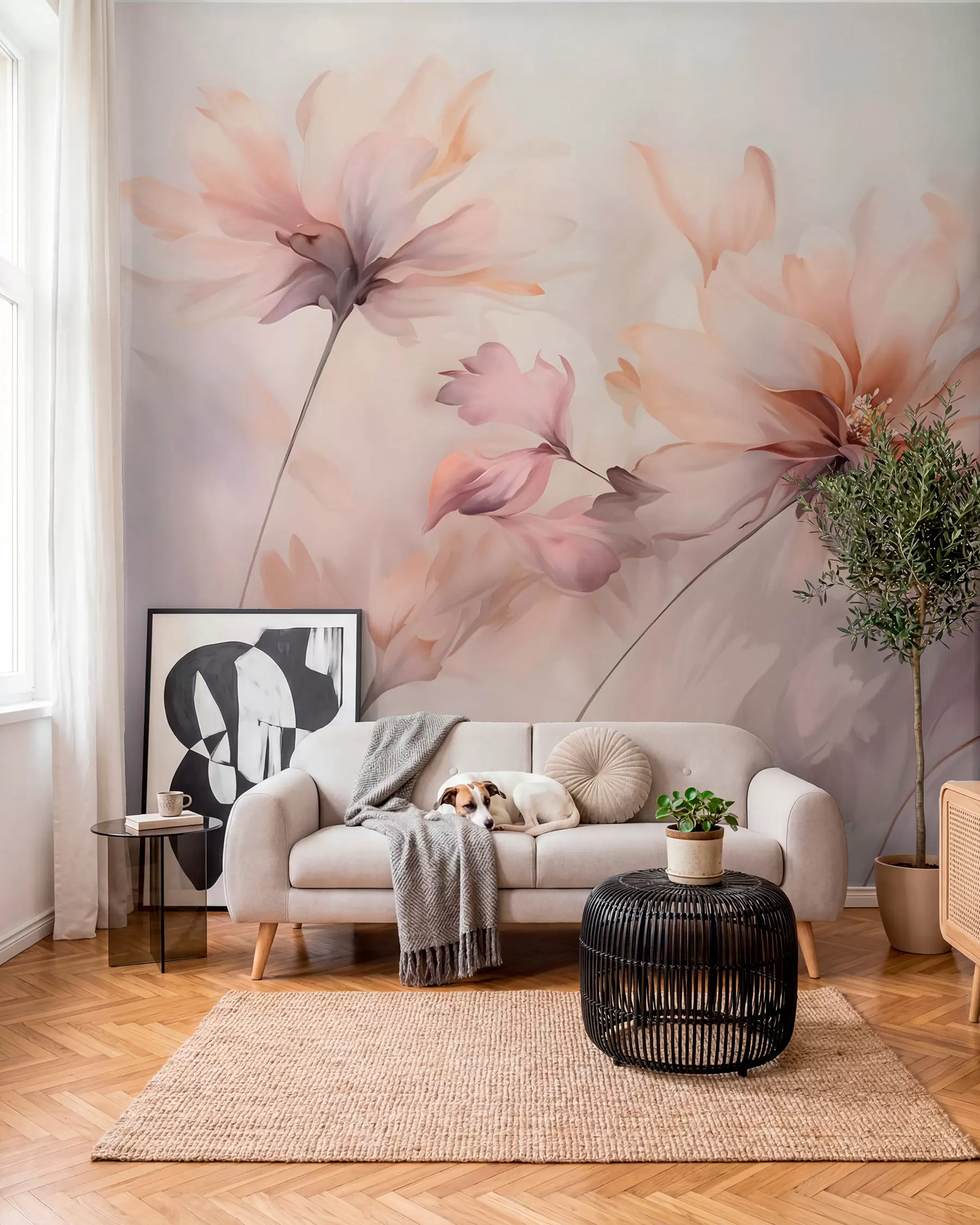 Fototapete Eine zarte Blumenkunst mit großen pastellfarbenen Blumen mit durchscheinenden Blütenblättern, weichen Stielen und einem sanften, diffusen Hintergrund  w09050