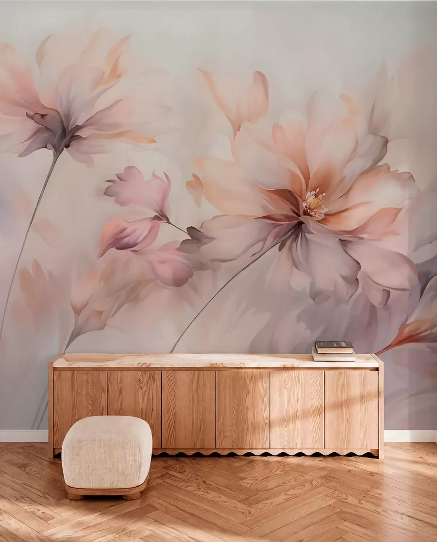 Fototapete Eine zarte Blumenkunst mit großen pastellfarbenen Blumen mit durchscheinenden Blütenblättern, weichen Stielen und einem sanften, diffusen Hintergrund  w09050