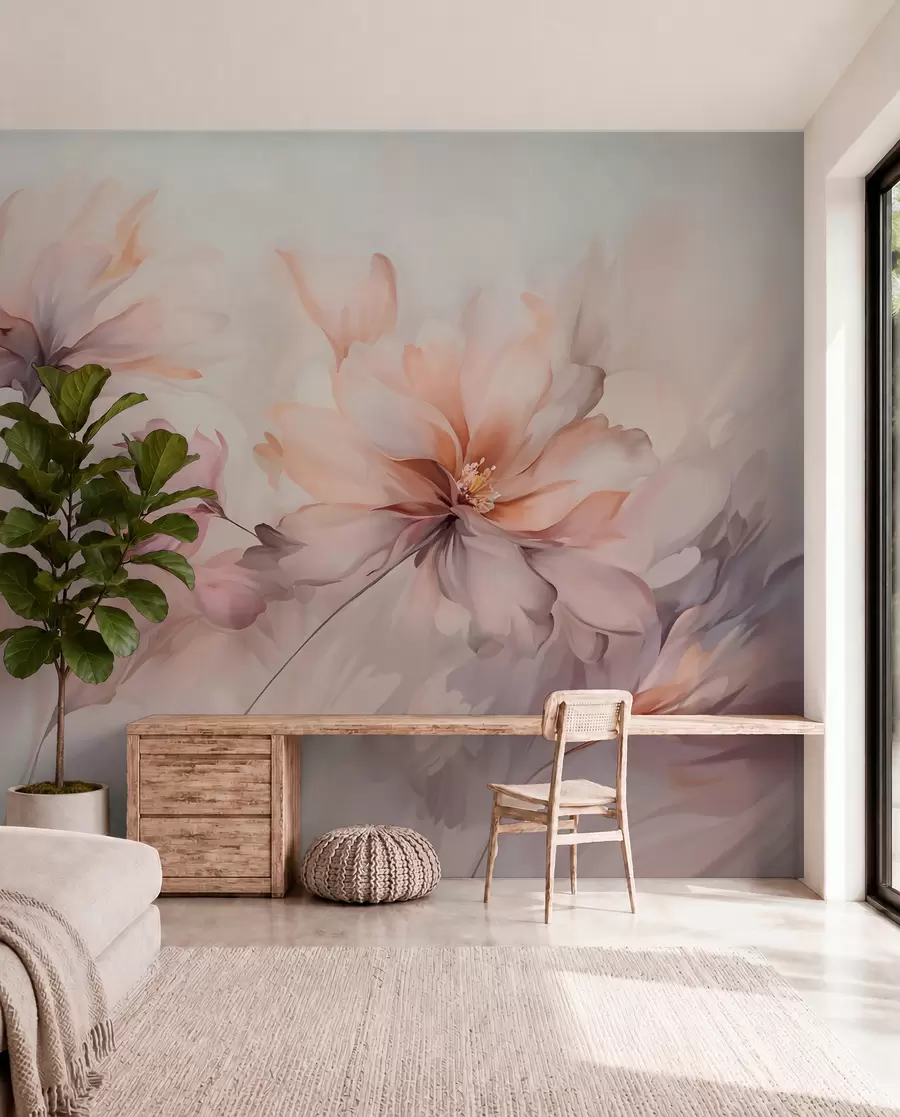 Fototapete Eine zarte Blumenkunst mit großen pastellfarbenen Blumen mit durchscheinenden Blütenblättern, weichen Stielen und einem sanften, diffusen Hintergrund  w09050