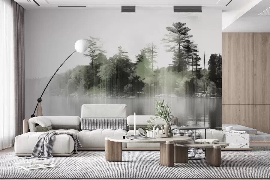 Fototapete Abstrakter Minimalismus texturierte Landschaft mit einem See und Bäume Reflexionen im Wasser in grünen und weißen Farbtönen w09058