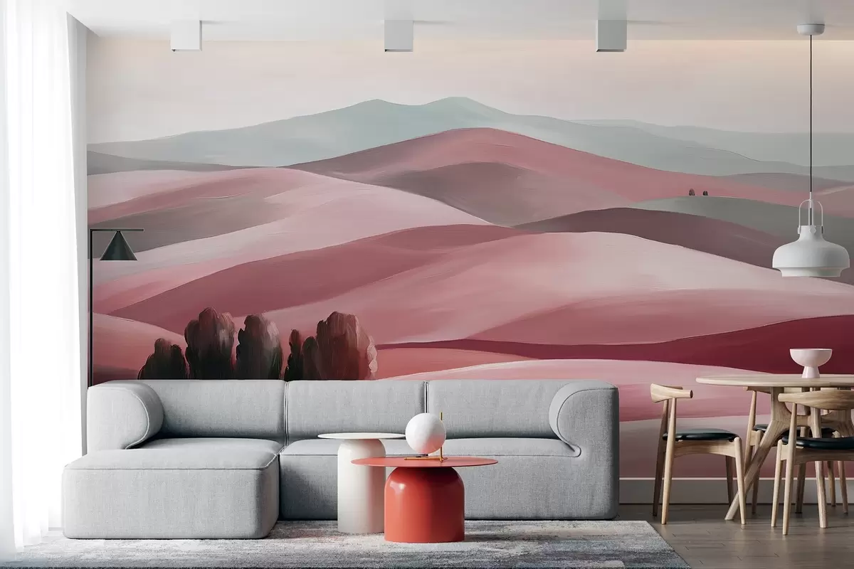 Fototapete Landschaften mit Bäumen, Toskana, rosa Farben, Öl-Stil w03880v2