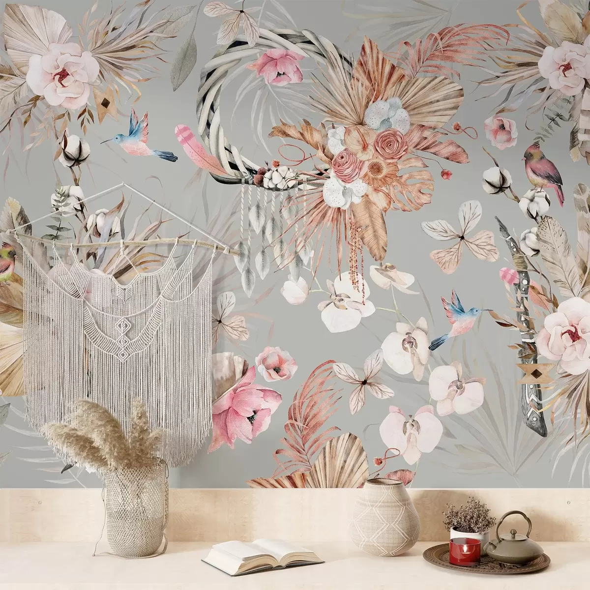 Fototapete Boho-Stil Ornament mit Pfingstrose Blumen und Vögel, Aquarell-Stil, beige Farben w03885