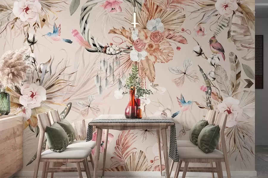 Fototapete Boho-Stil Ornament mit Pfingstrose Blumen und Vögel, Aquarell-Stil, weiche Farben w03885v3