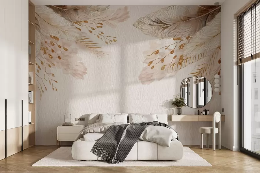 Fototapete Pampasgras und Federn im Aquarellstil in Beige und Weiß auf Papier w09079