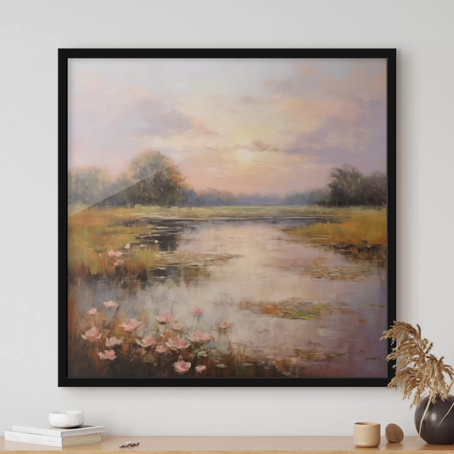 Fototapete Wasserfläche mit Blumen bei Sonnenuntergang f44044