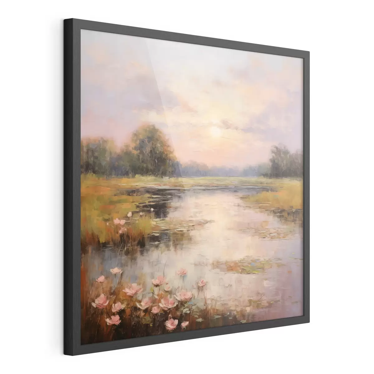 Poster Wasserfläche mit Blumen bei Sonnenuntergang f44044