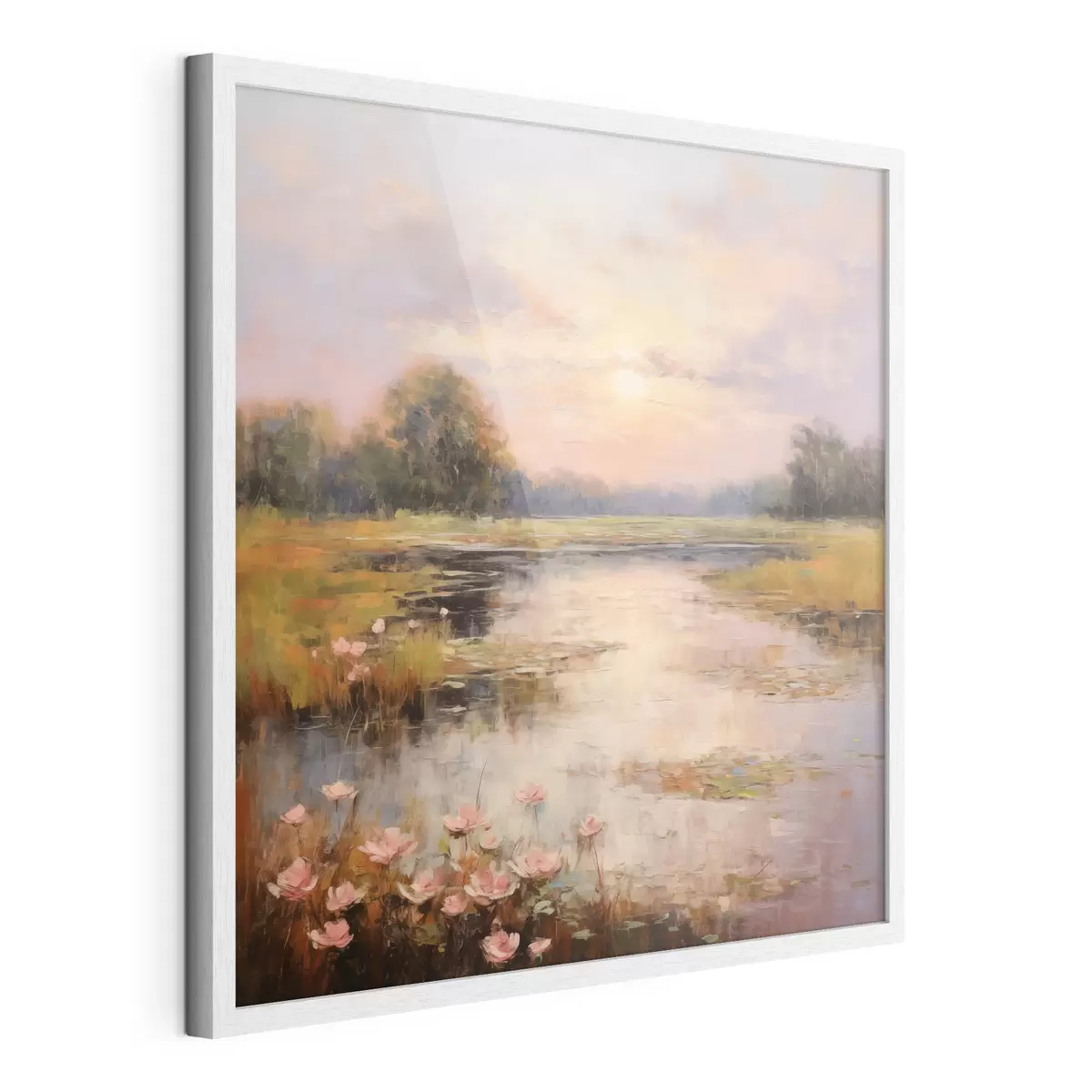 Poster Wasserfläche mit Blumen bei Sonnenuntergang f44044