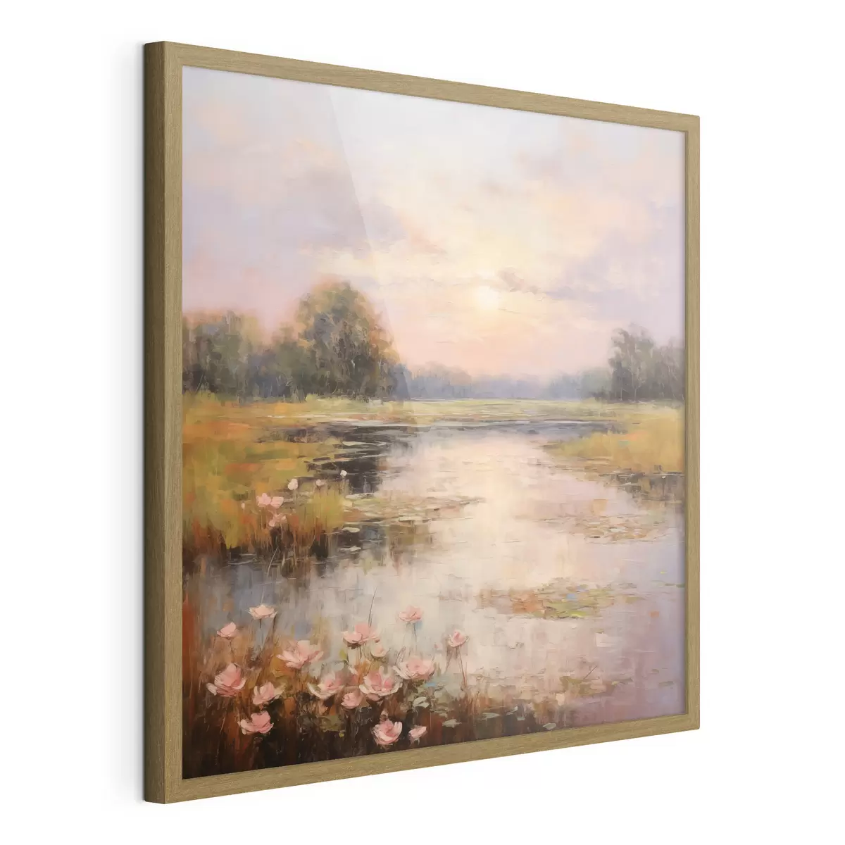 Poster Wasserfläche mit Blumen bei Sonnenuntergang f44044