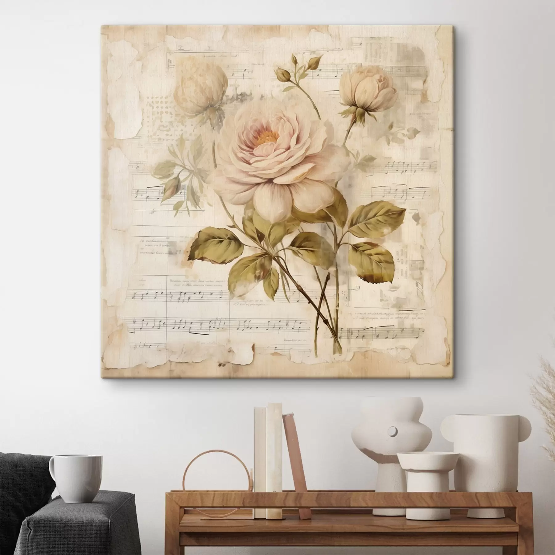 Fototapete Vintage Zusammensetzung von Rosen vor dem Hintergrund der alten Noten s44247