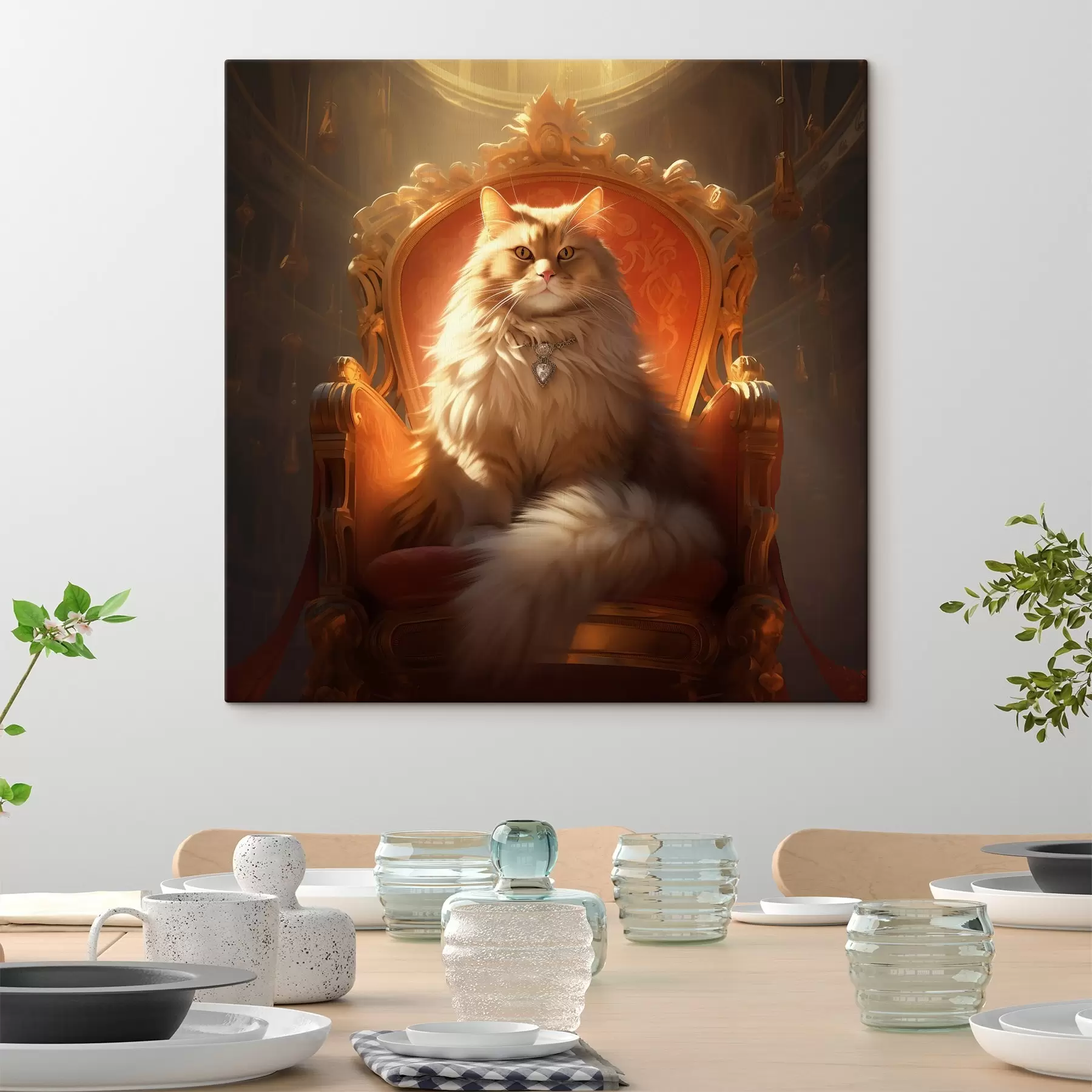 Fototapete Regal Katze mit bernsteinfarbenen Augen auf einem Thron in den Strahlen der Herrlichkeit im Barock-Stil s44250