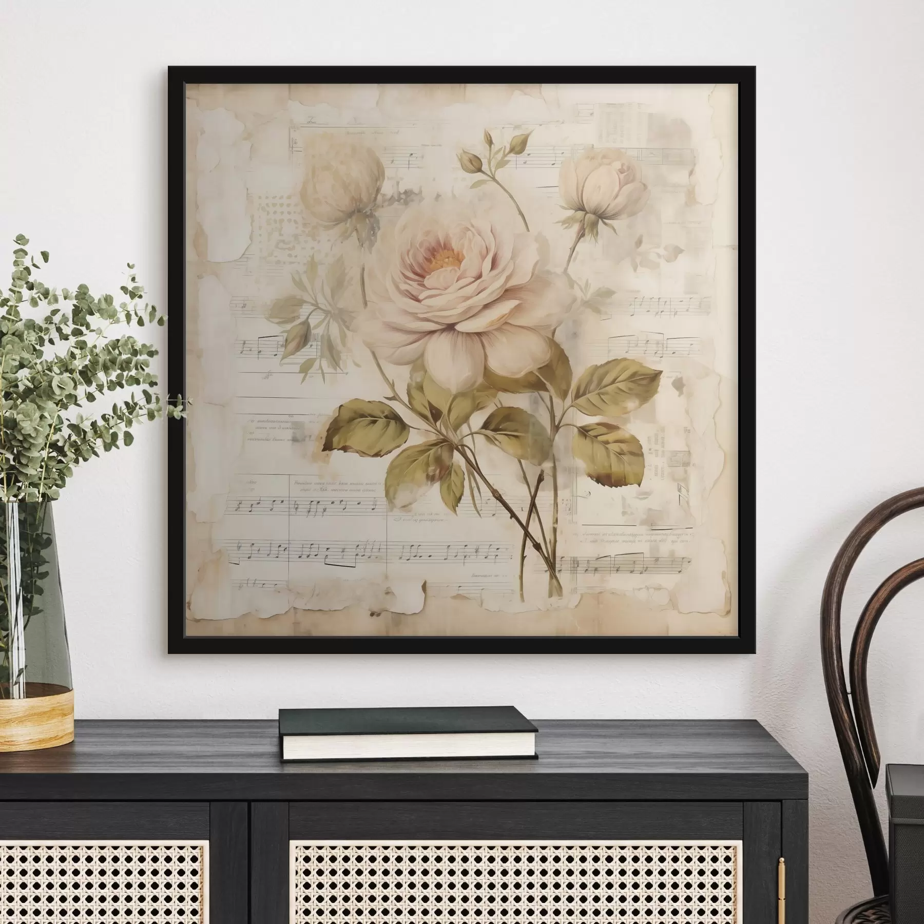Fototapete Vintage Zusammensetzung von Rosen vor dem Hintergrund der alten Noten f44247