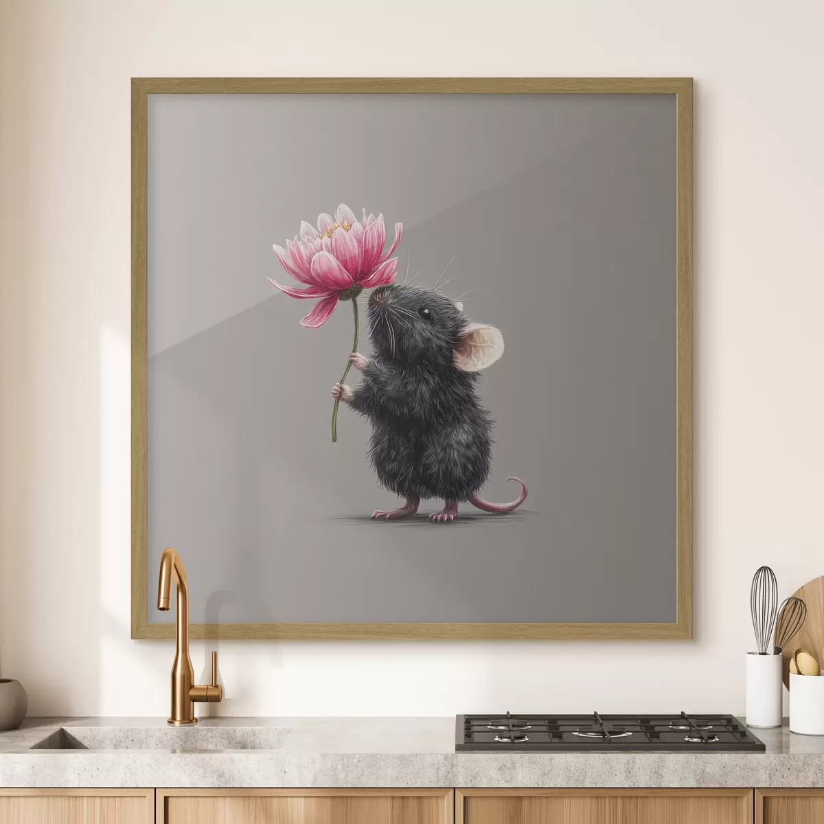 Poster Charmante Maus inhaliert den Duft einer rosa Pfingstrose f44248