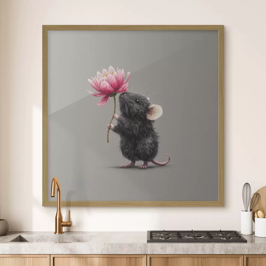 Fototapete Charmante Maus inhaliert den Duft einer rosa Pfingstrose f44248