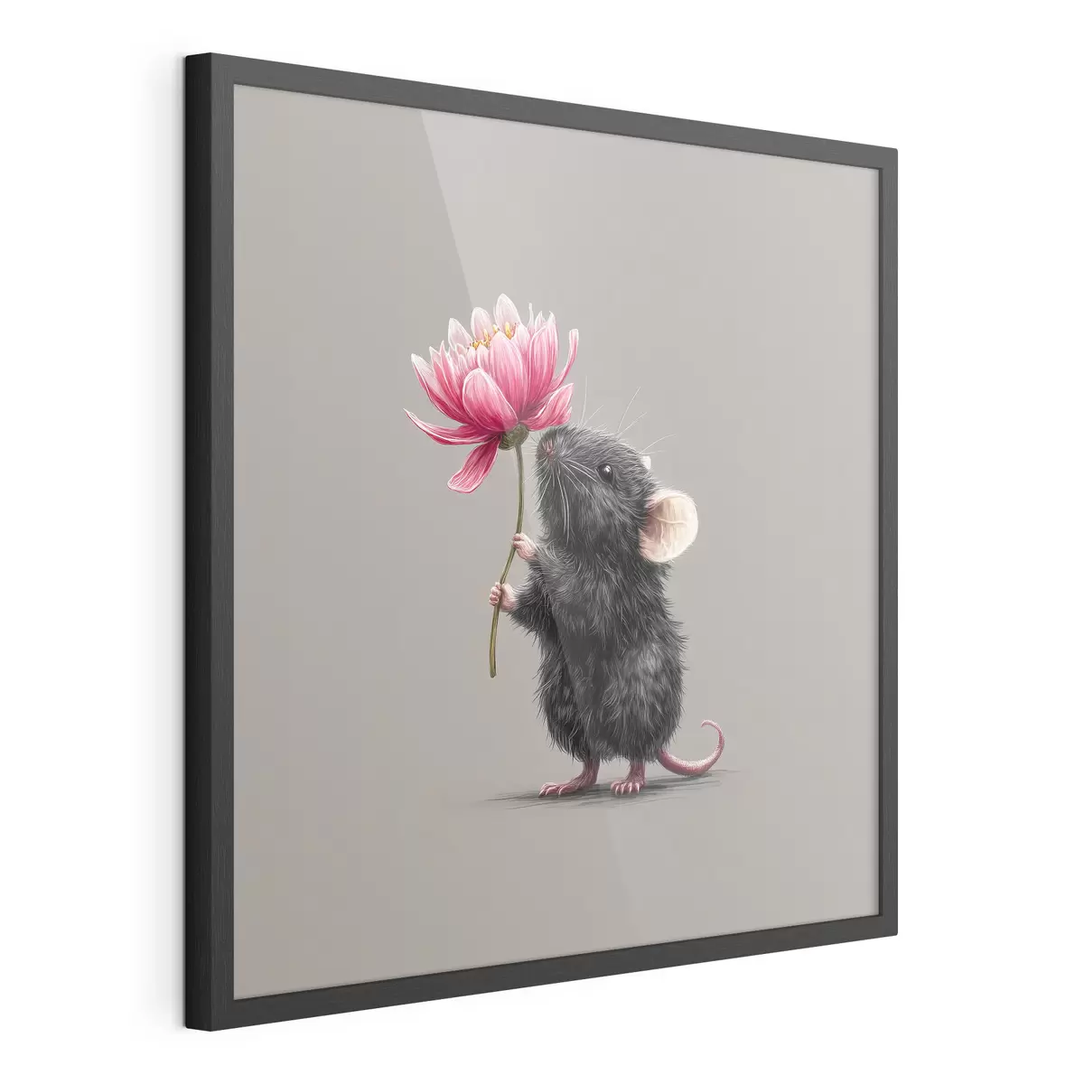 Poster Charmante Maus inhaliert den Duft einer rosa Pfingstrose f44248