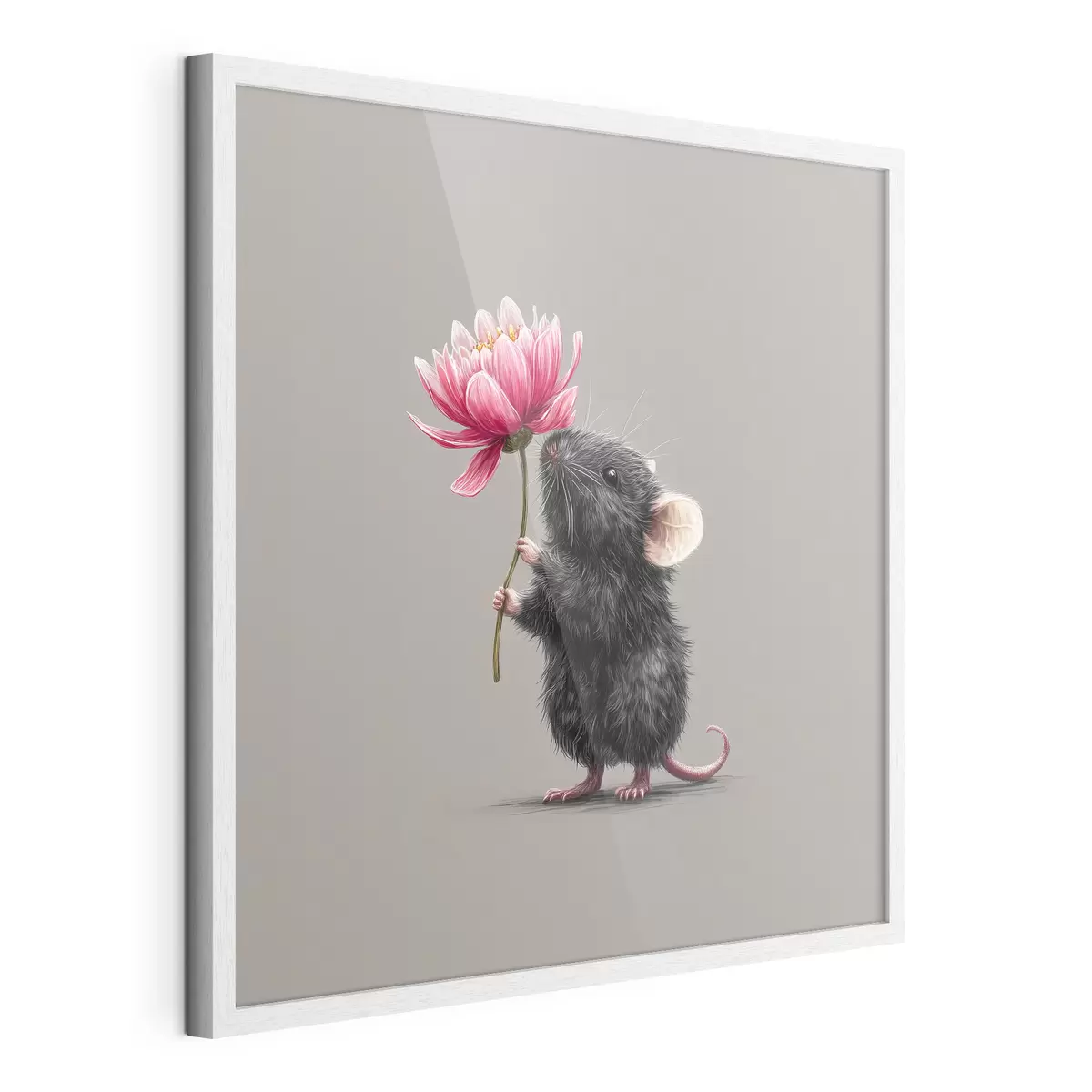 Poster Charmante Maus inhaliert den Duft einer rosa Pfingstrose f44248