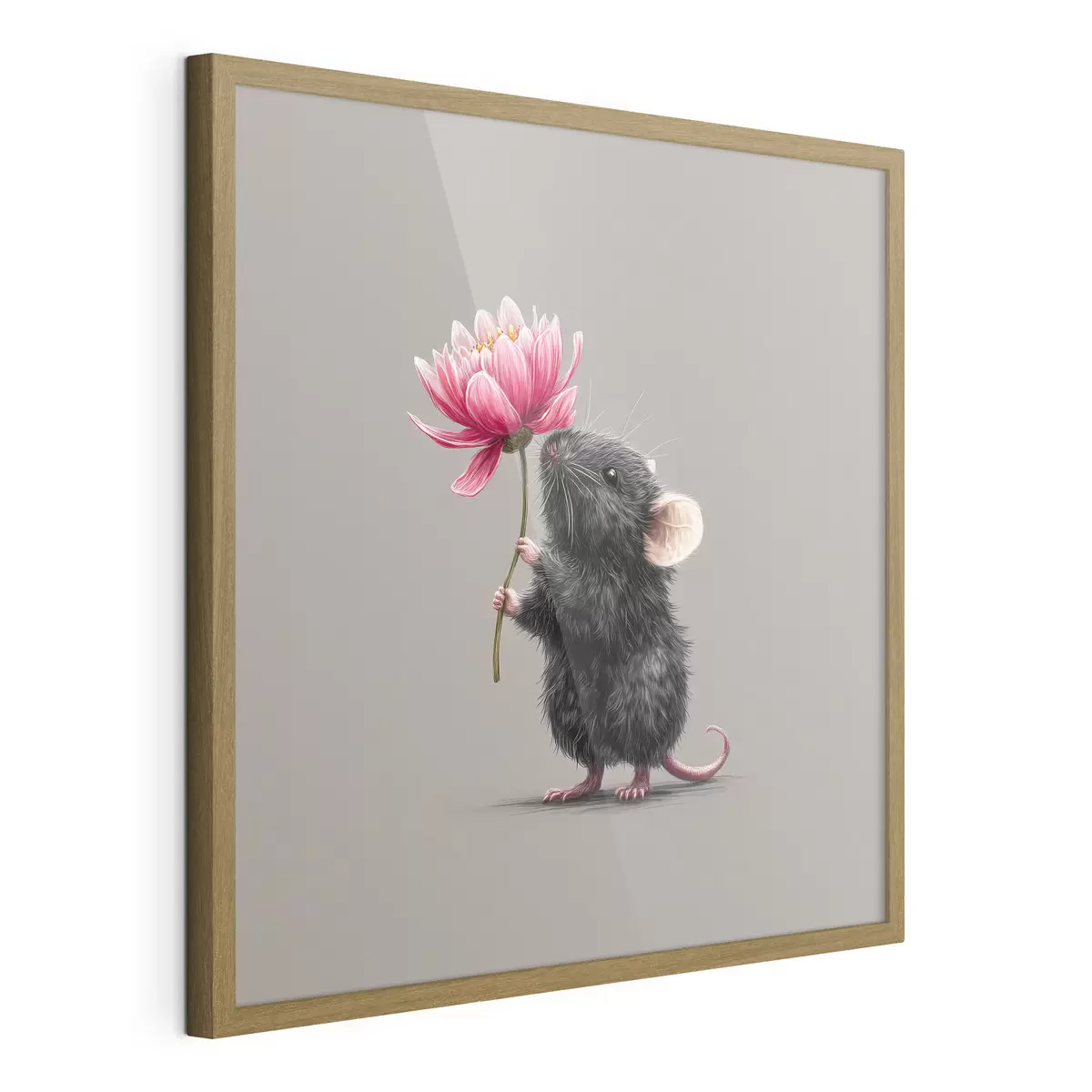 Poster Charmante Maus inhaliert den Duft einer rosa Pfingstrose f44248