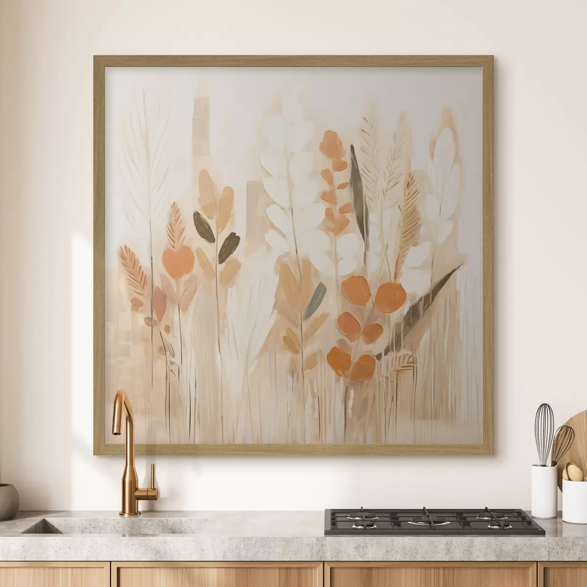 Poster Warme Abstraktion mit Gräsern und Blumen in einer beige-orangefarbenen Palette im Jugendstil f44252