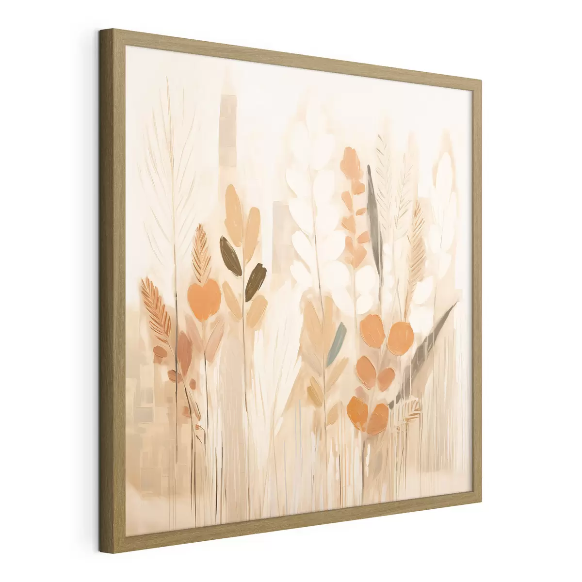 Poster Warme Abstraktion mit Gräsern und Blumen in einer beige-orangefarbenen Palette im Jugendstil f44252