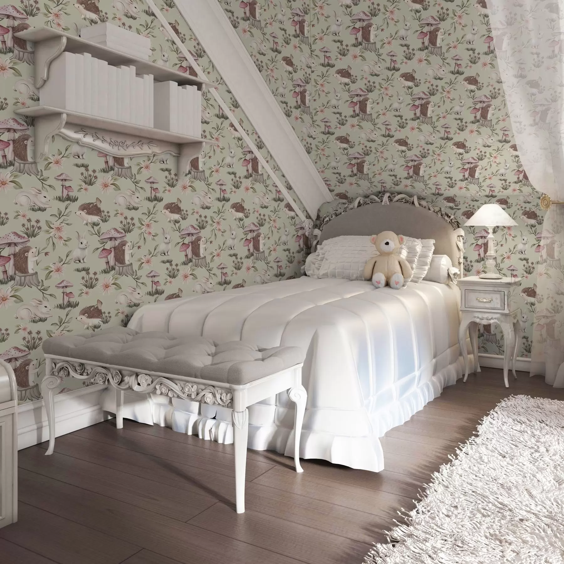 Fototapete Märchentiere und Blumen auf grünem Hintergrund in zarten Pastellfarben a00111v1