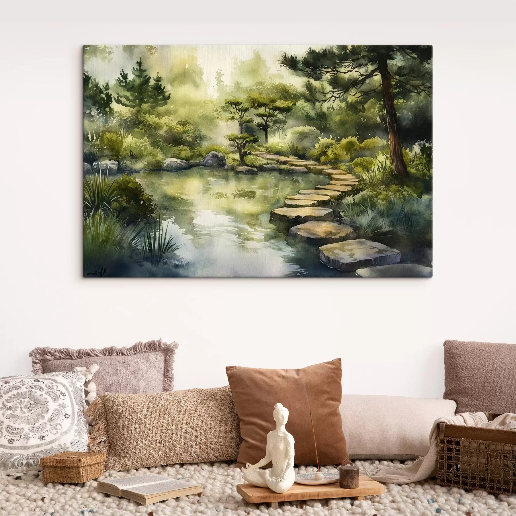 Fototapete Orientalischer Wald mit Felsen, Teich und Kiefern, Grünzeug, Aquarellstil s44311