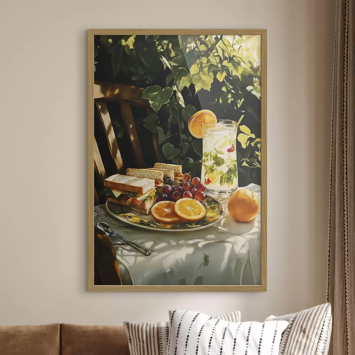 Poster Ästhetisches Picknick im Sommergarten, belegte Brote, Orangen, Limonade f44306
