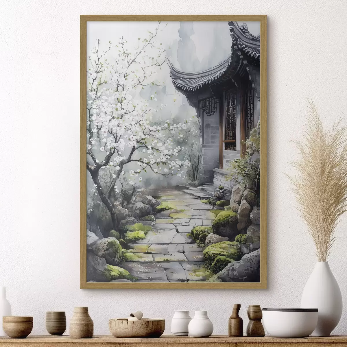 Poster Japanischer Garten mit Kirschbaum und Haus, orientalisch, Aquarellstil f44309