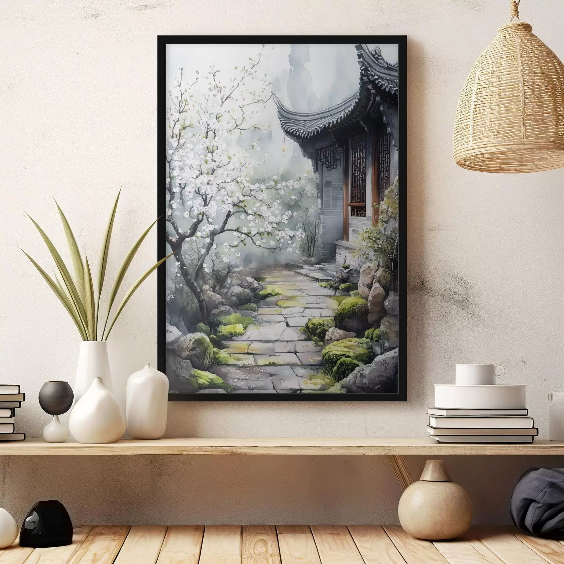 Fototapete Japanischer Garten mit Kirschbaum und Haus, orientalisch, Aquarellstil f44309