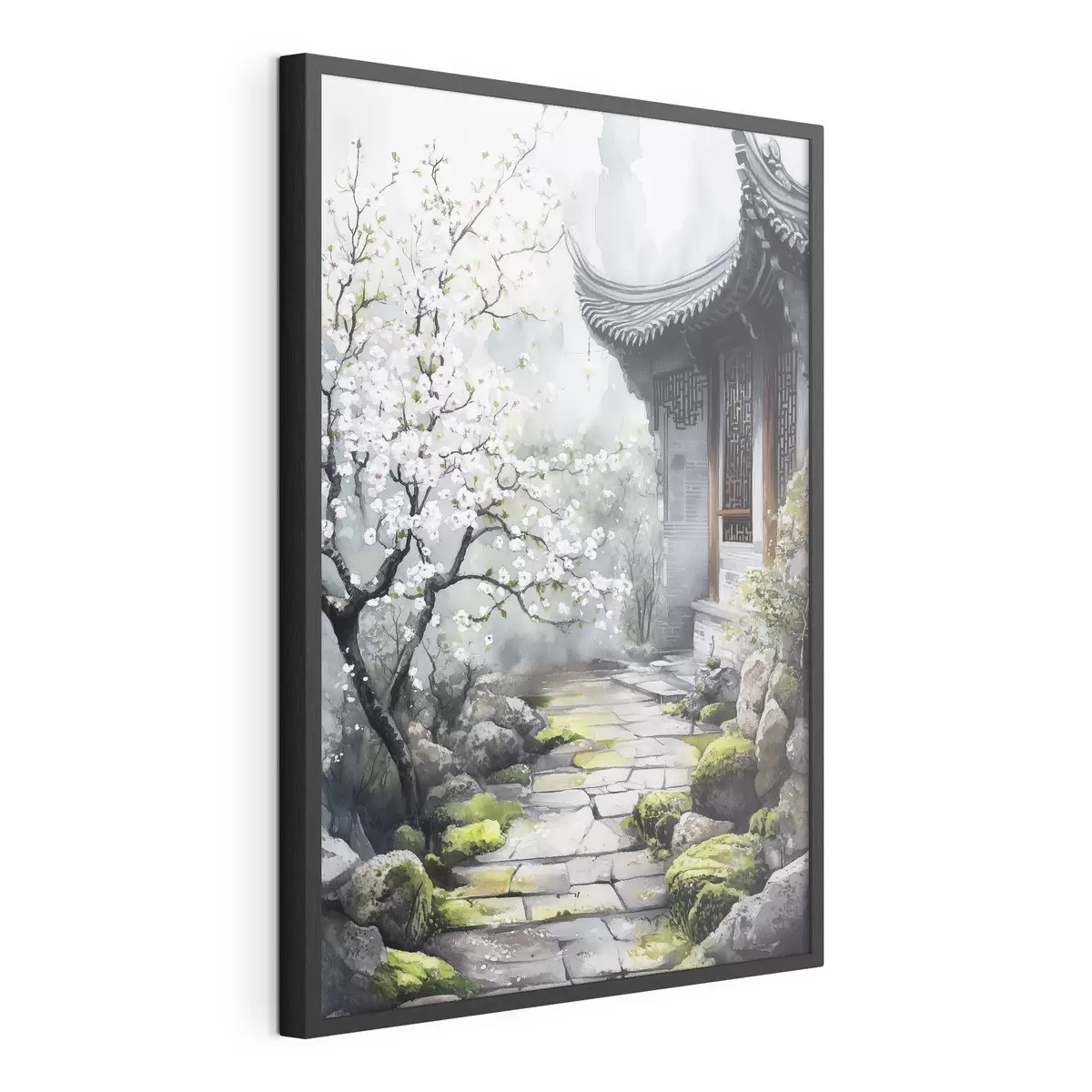 Poster Japanischer Garten mit Kirschbaum und Haus, orientalisch, Aquarellstil f44309