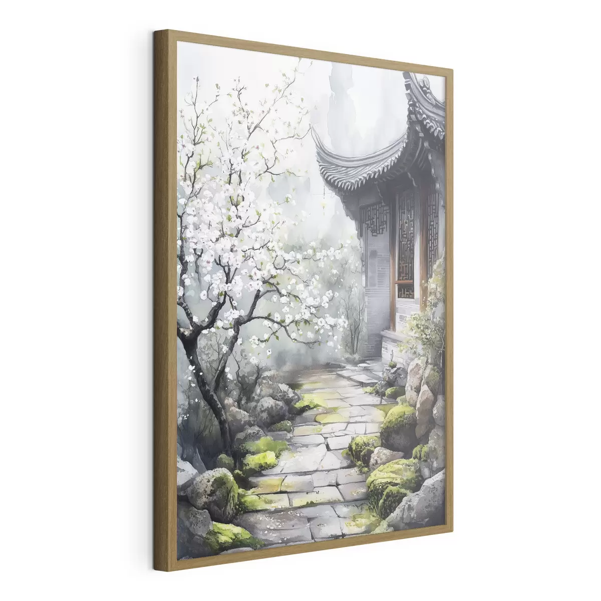 Poster Japanischer Garten mit Kirschbaum und Haus, orientalisch, Aquarellstil f44309