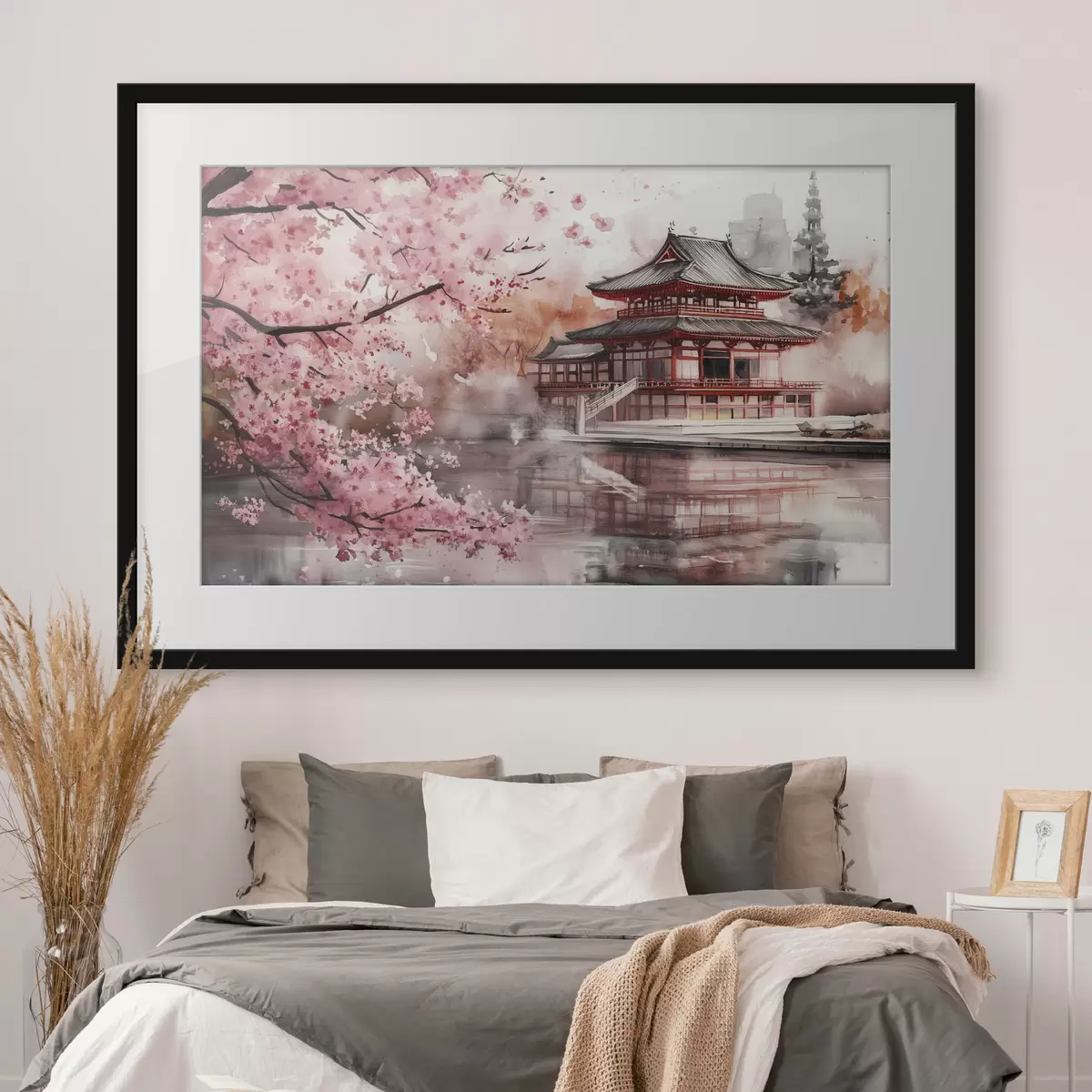 Poster Schöne japanische Landschaft mit blühendem Kirschbaum und Haus am See f44310