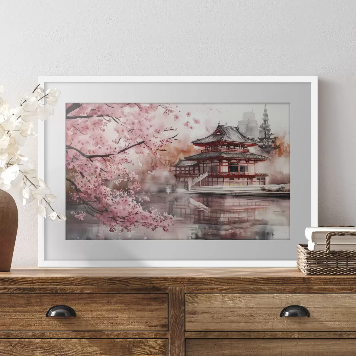 Poster Schöne japanische Landschaft mit blühendem Kirschbaum und Haus am See f44310