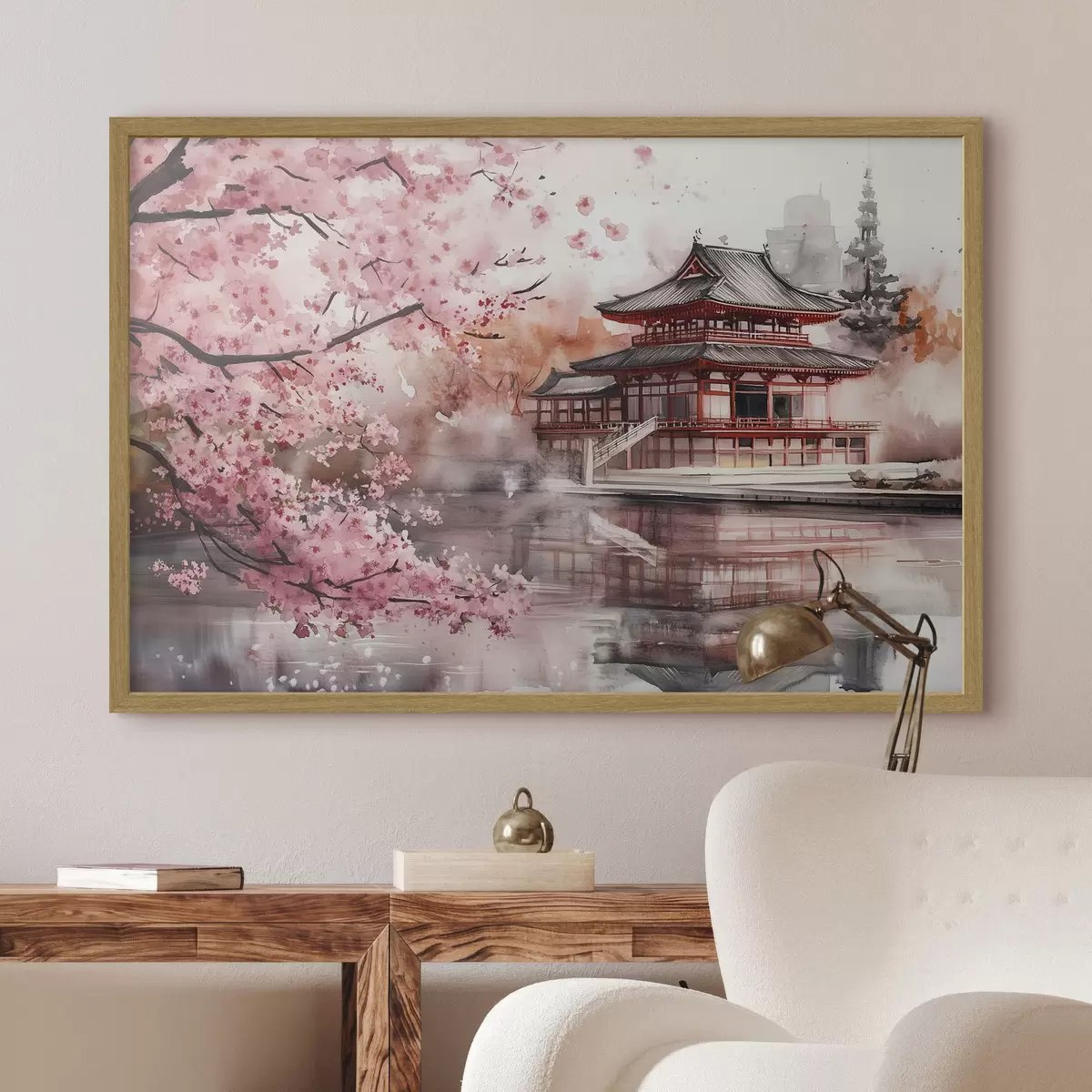 Poster Schöne japanische Landschaft mit blühendem Kirschbaum und Haus am See f44310