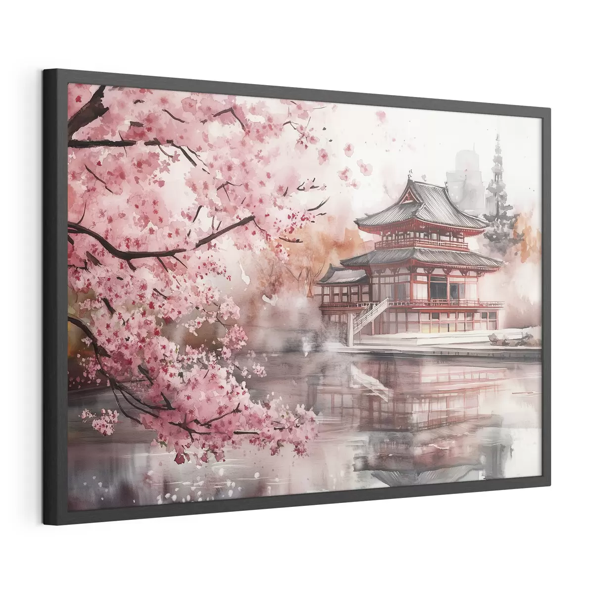 Poster Schöne japanische Landschaft mit blühendem Kirschbaum und Haus am See f44310