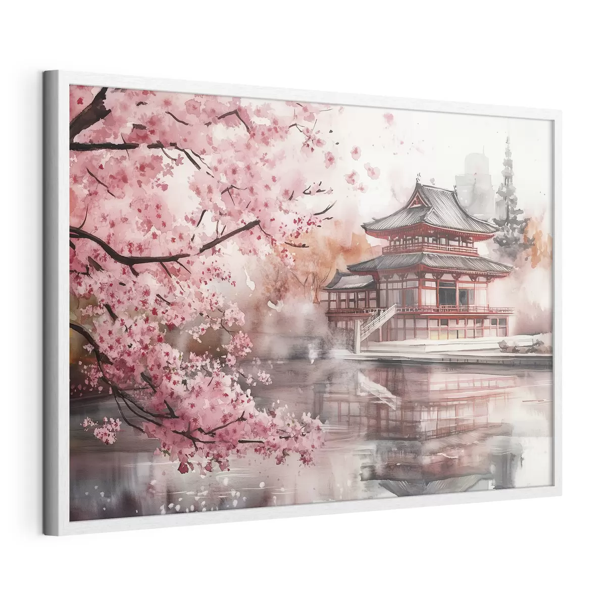 Poster Schöne japanische Landschaft mit blühendem Kirschbaum und Haus am See f44310