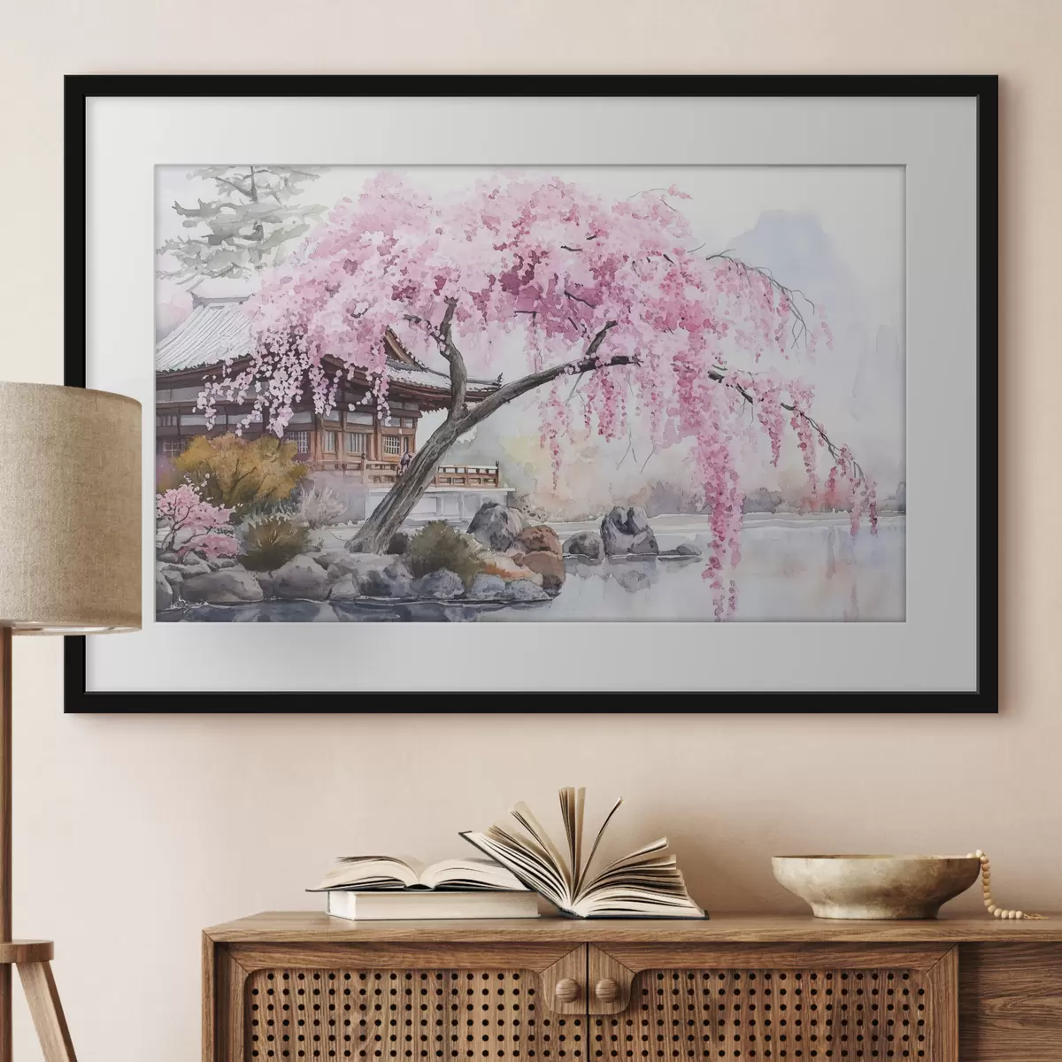 Poster Rosa Kirschbaum in der Nähe von Haus auf dem See, Japan, orientalisch, Aquarell-Stil f44312