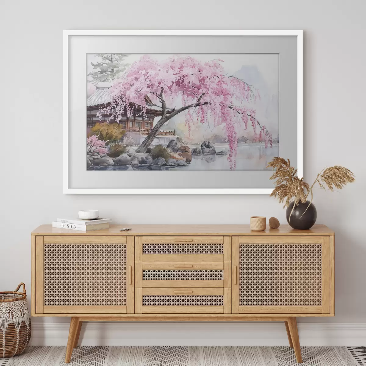 Poster Rosa Kirschbaum in der Nähe von Haus auf dem See, Japan, orientalisch, Aquarell-Stil f44312