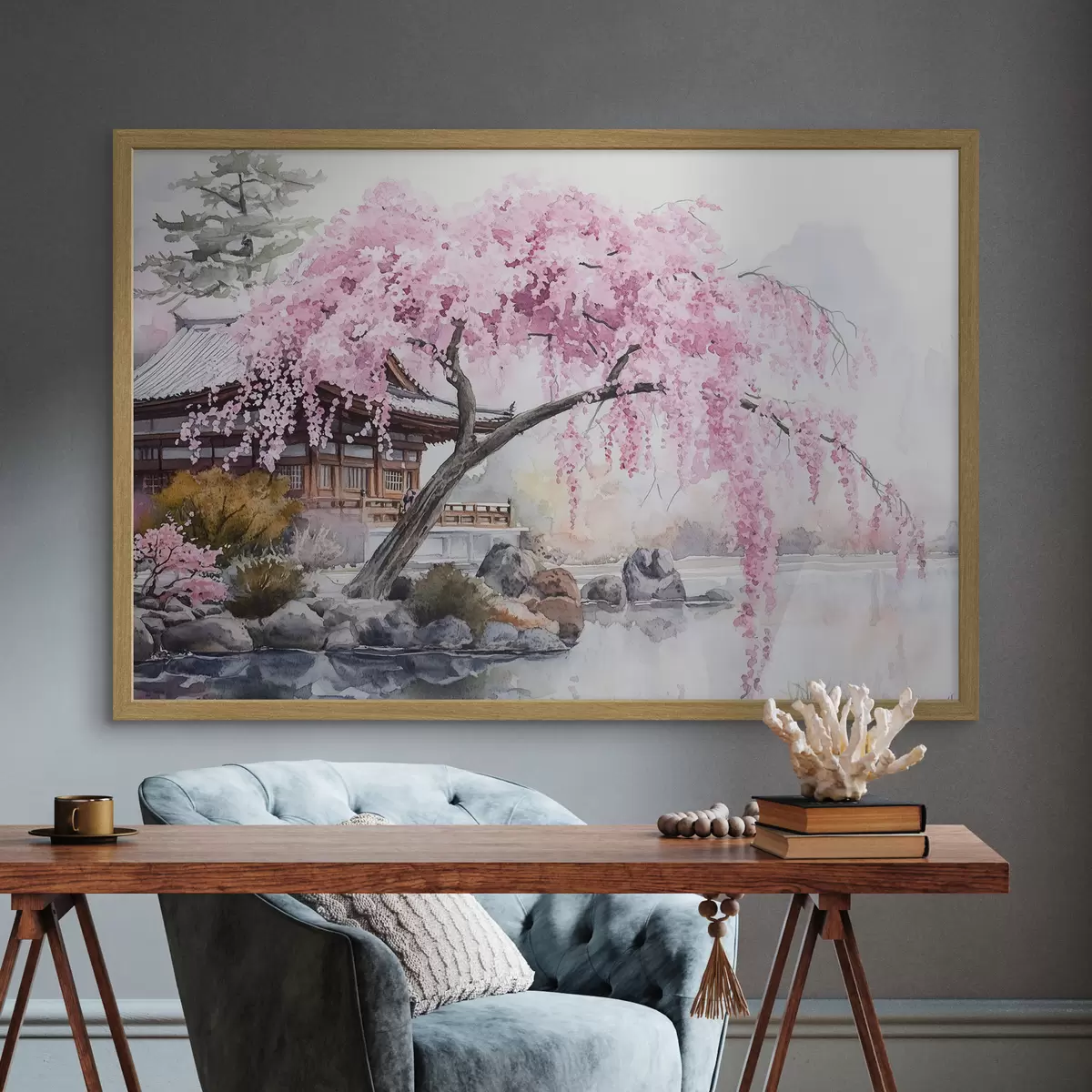 Poster Rosa Kirschbaum in der Nähe von Haus auf dem See, Japan, orientalisch, Aquarell-Stil f44312