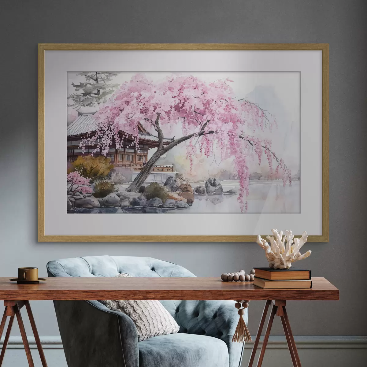 Poster Rosa Kirschbaum in der Nähe von Haus auf dem See, Japan, orientalisch, Aquarell-Stil f44312
