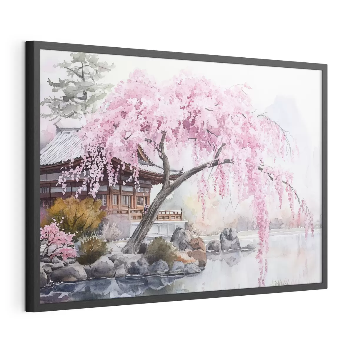 Poster Rosa Kirschbaum in der Nähe von Haus auf dem See, Japan, orientalisch, Aquarell-Stil f44312