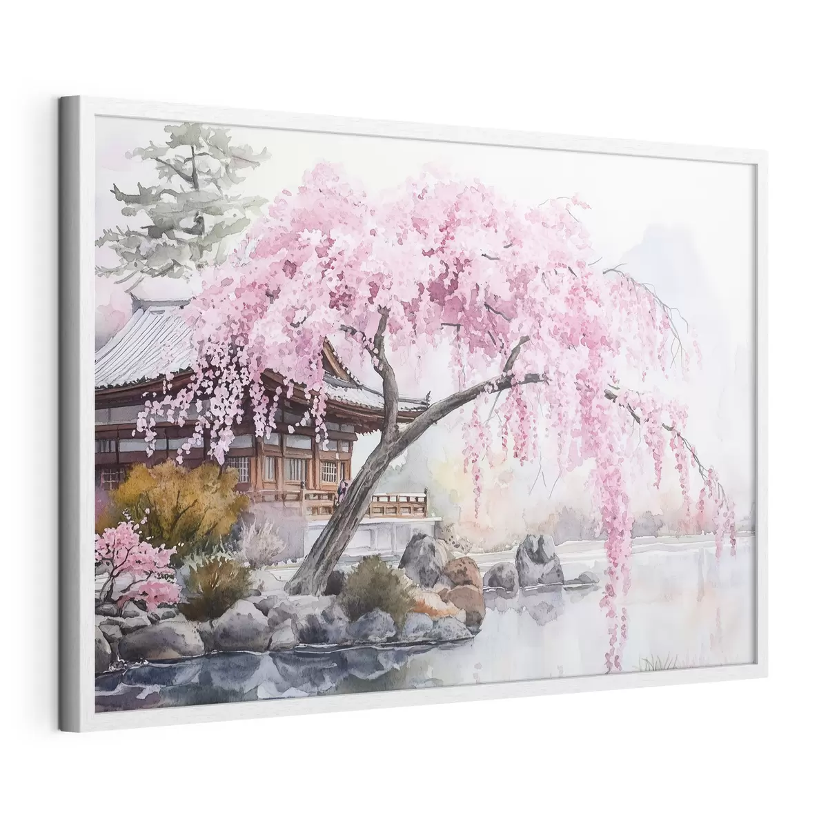 Poster Rosa Kirschbaum in der Nähe von Haus auf dem See, Japan, orientalisch, Aquarell-Stil f44312