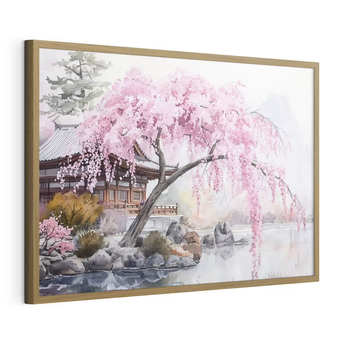 Poster Rosa Kirschbaum in der Nähe von Haus auf dem See, Japan, orientalisch, Aquarell-Stil f44312