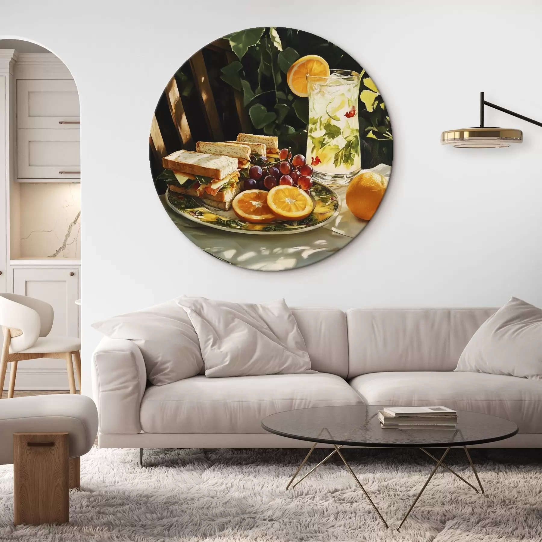Fototapete Ästhetisches Picknick im Sommergarten, belegte Brote, Orangen, Limonade r44306