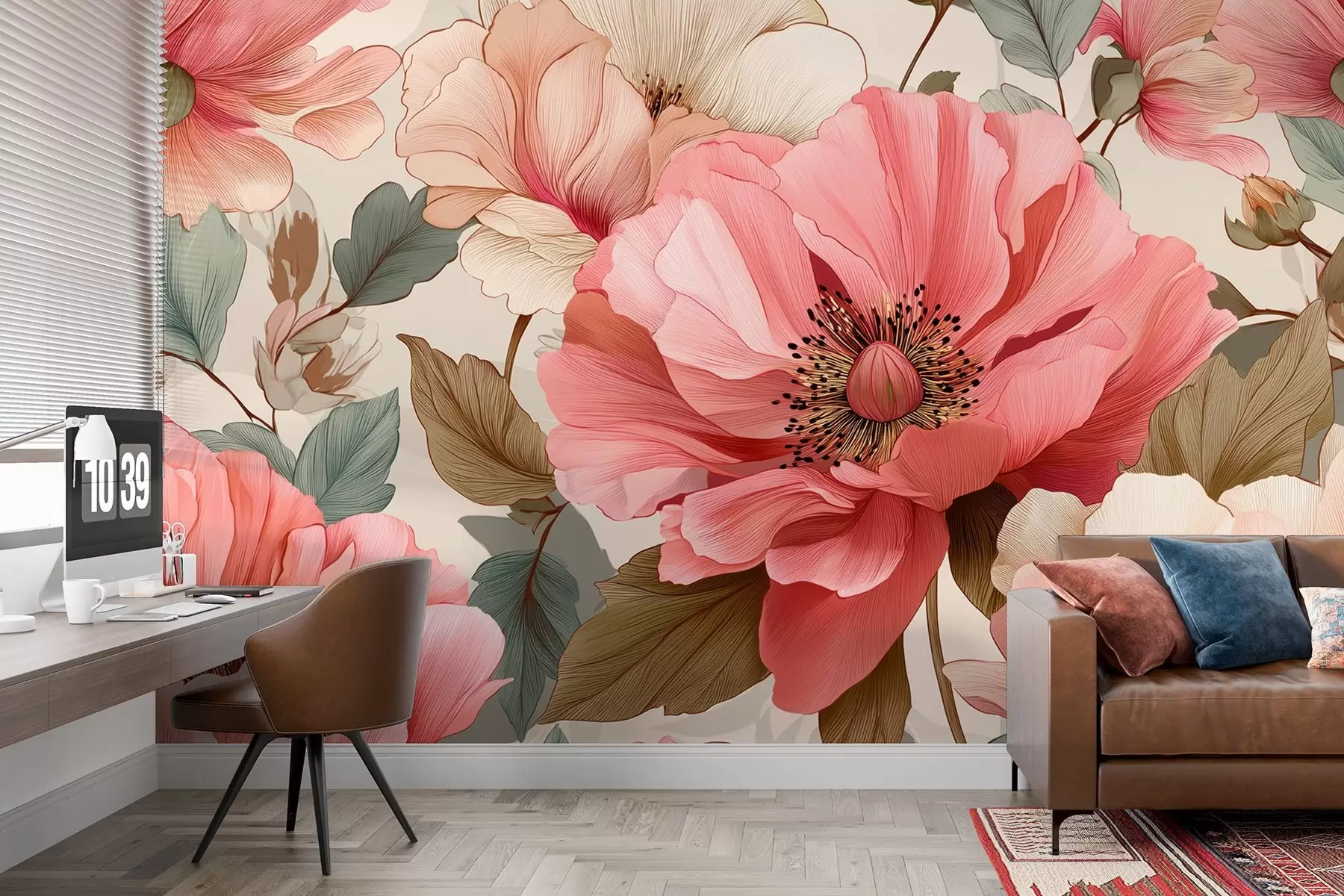 Fototapete Zarte Mohnblumen mit Blättern in rot-rosa Tönen w09100