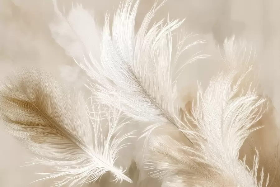 Fototapete Fliegende luftige Federn auf beigem Hintergrund w09102