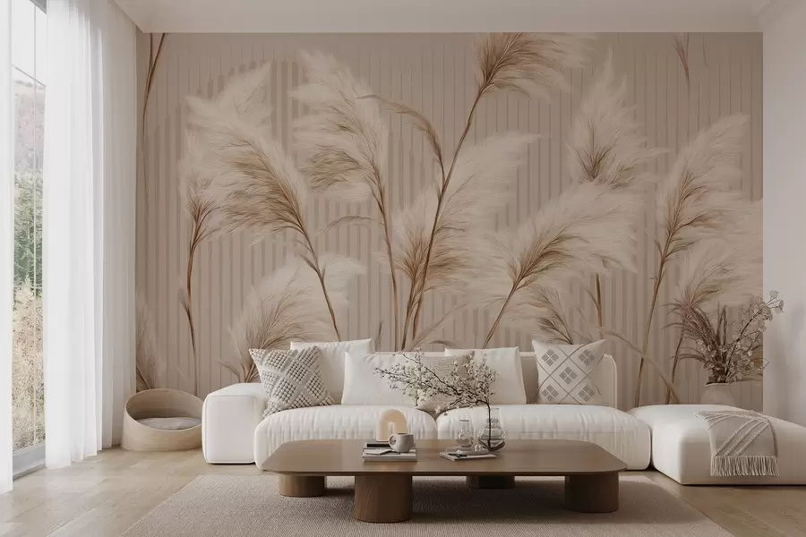 Fototapete Pampasgras vor einem Hintergrund aus Linien in Beigetönen w09104