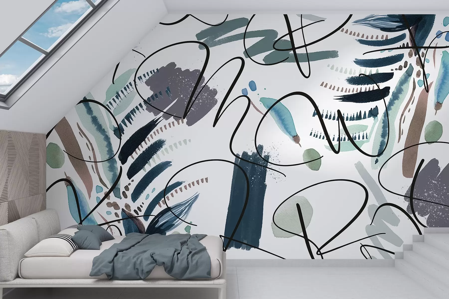 Fototapete Tintenbuchstaben, Kalligraphie, Pinselstriche, blaue Farben, Abstraktion w03912v2