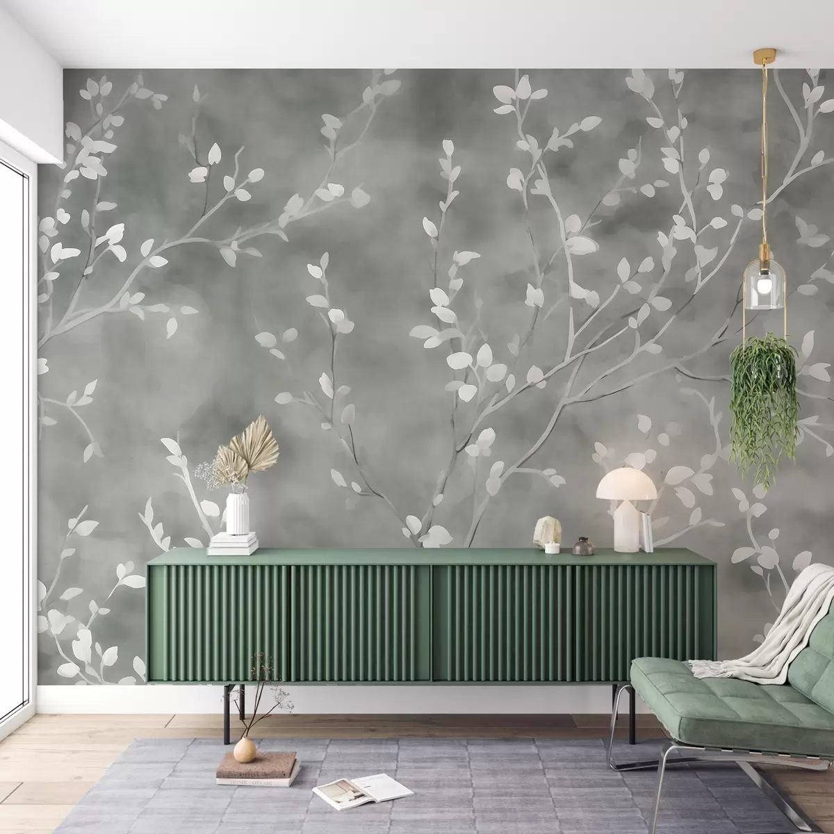 Fototapete minimalistisches, handgemaltes Tapetendesign aus zarten weißen Zweigen mit zarten Blättern, die sich organisch über einen gedämpften salbeigrünen Hintergrund verzweigen, feine botanische Linienführung in natürlichem Fluss w03949v2